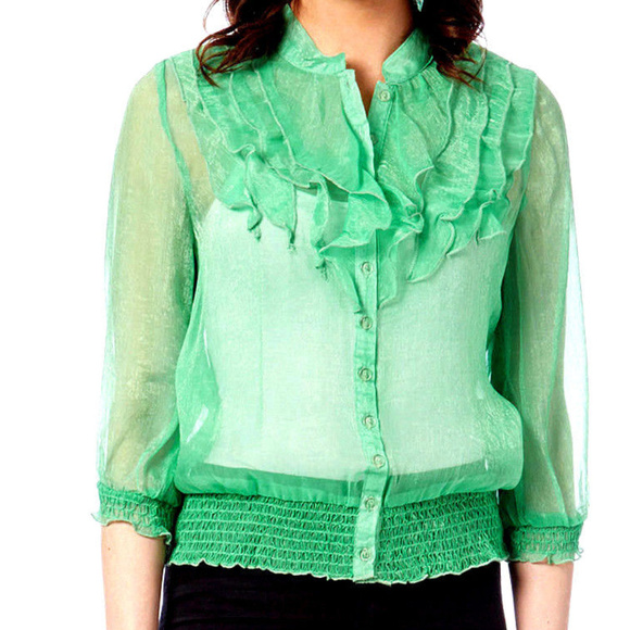 Sheer SHiNE GREEN RuFFLE BiB BLouSE Smock Hem S M - Picture 1 of 3